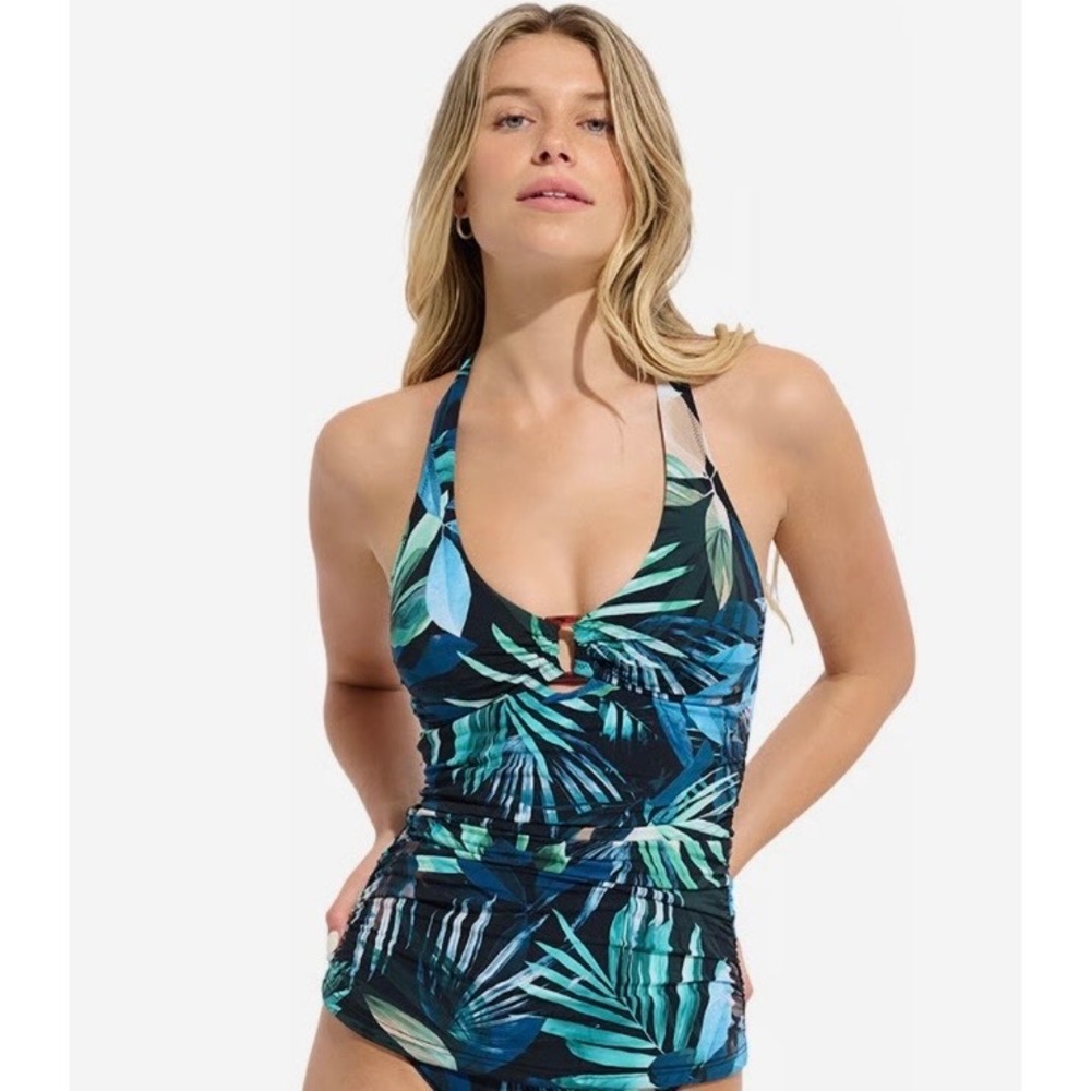 Everyday Sunday Tankini Top Sz 8 Tropical Halter Blue Green Buckle Front Ruched